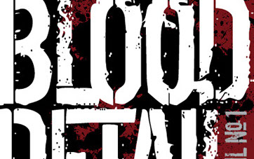 Cover of The Blood Detail. Large distressed white font over red and black background of rain drops and blood splatters