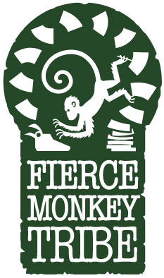 Fierce Monkey Tribe logo. Dark green keyhole shape with distressed edges. White name with image of monkey typing.