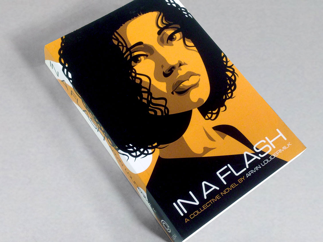 Photo of "In a Flash" book on a grey background. Cover is orange with a graphic image of a beautiful dark haired woman.