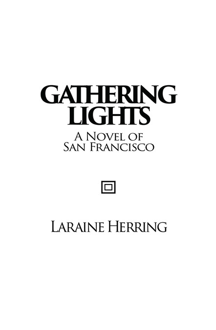 Title page of "Gathering Lights". Spur serifed black font on a white page with square icon separating title and author.