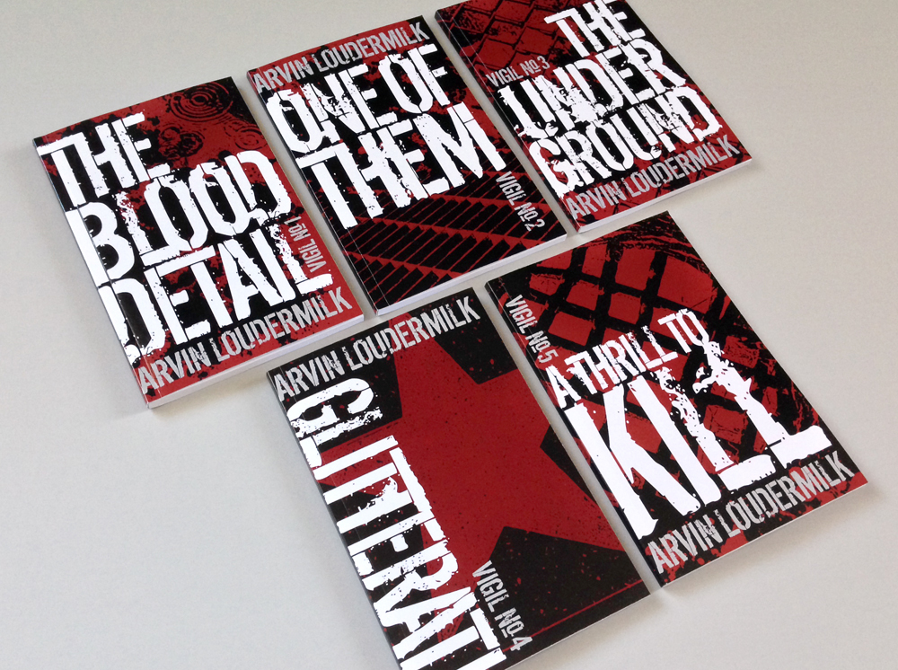 Covers of Vigil books. Large distressed white font over red and black background of blood splatters and imagery.