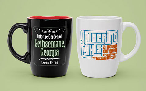 Black and white coffee mugs on mint green seamless background. Book logos printed on mugs.