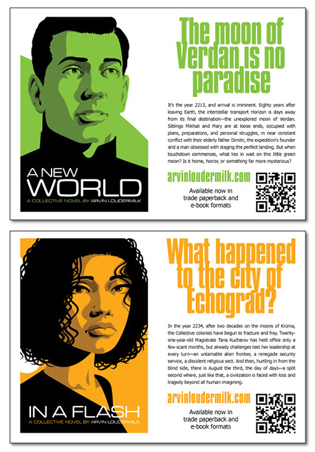 Sample postcards for "In a Flash" and "A New World". Image of the book cover on the left, sales copy on the right with QR code.