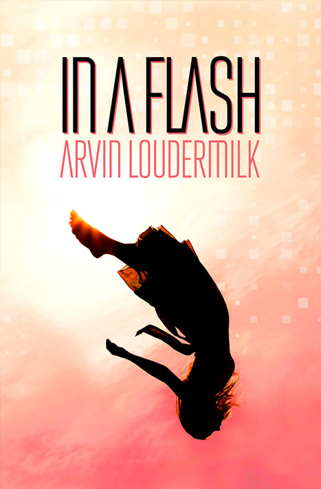"In a Flash" cover. Orange background with graphic portrait of a beautiful dark-haired woman.