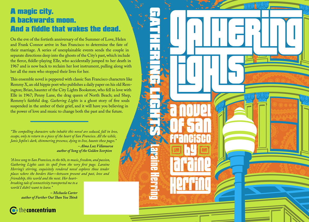 Wrap around cover of "Gathering Lights". Neon graphic illustration of San Francisco house and light post.