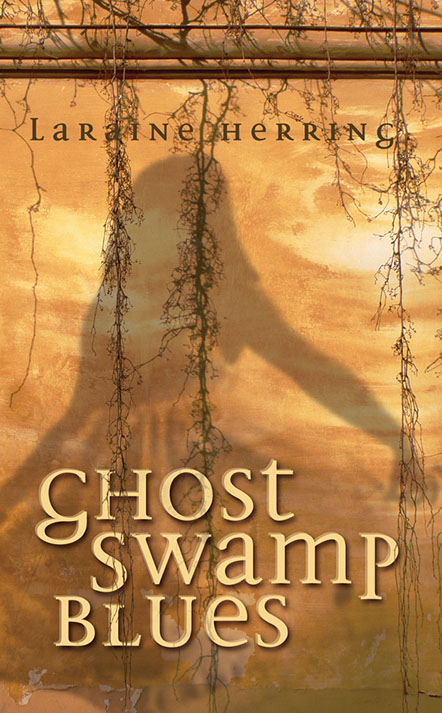 Book cover of "Ghost Swamp Blues". Ghostly image of little girl pojected over vine covered wall.