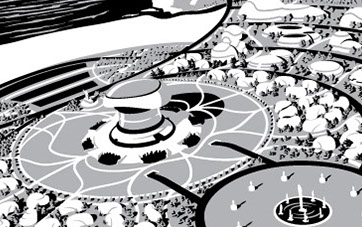 Black and white aerial illustration of futuristic city near shore.