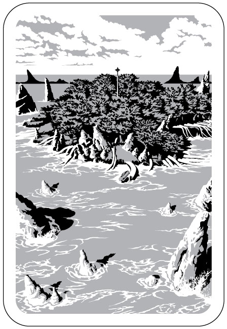 Black and white graphic illustration of alien island.