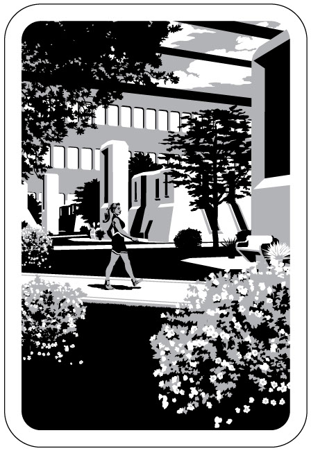 Black and white graphic illustration of woman walking through wooded futuristic city.