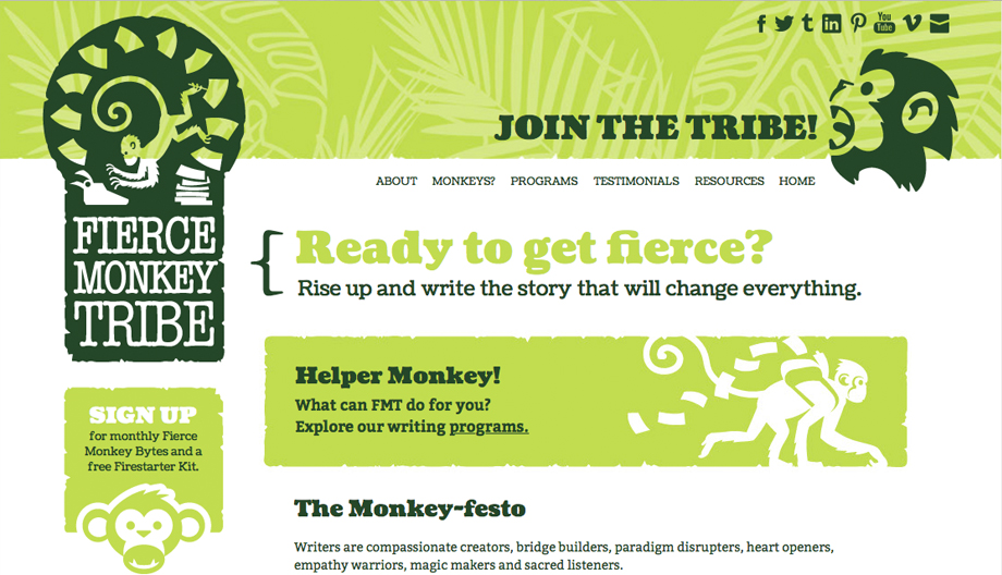 Fierce Monkey Tribe home page screen capture. Bright green panels with dark green type and monkey illustrations.