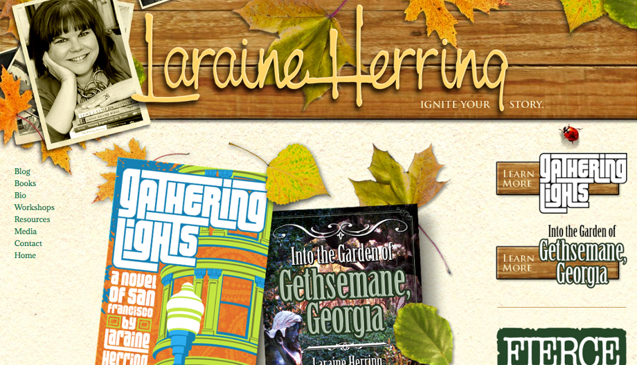 Home page of laraineherring.com. Wood planks with yellow logotype at top, photos of author at left, ad space for books below.