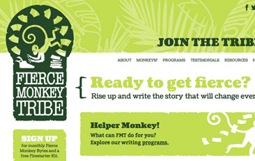Close-up of fiercemonkeytribe.com home page. Bright green patterned bars with dark green type and monkey illustrations.